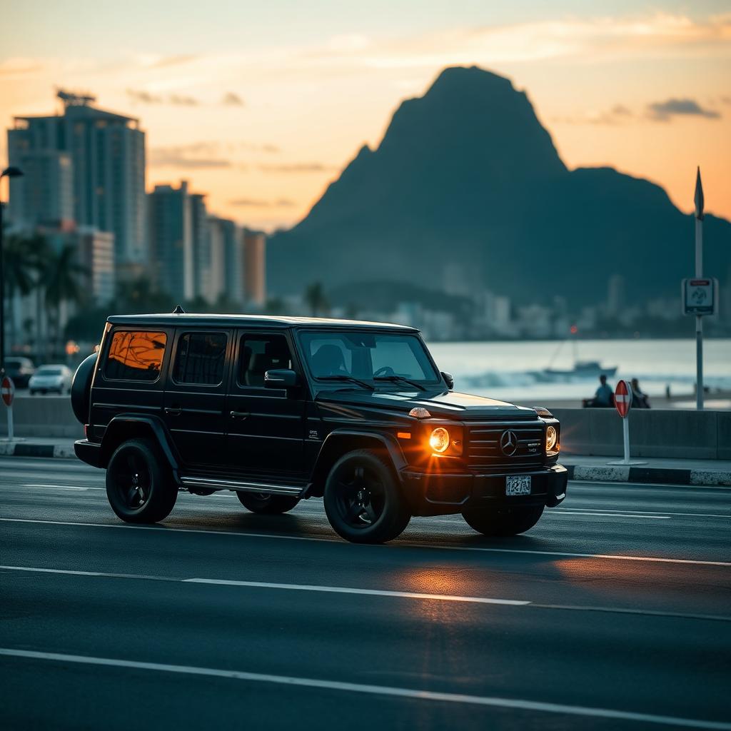 Black armored SUV parked on the Rio de Janeiro beachfront at dusk