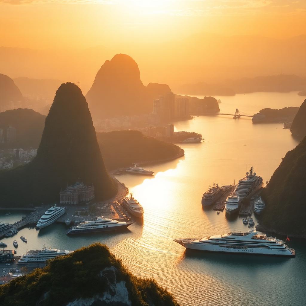 Vista aérea de la Bahía de Guanabara al amanecer con yates de lujo anclados